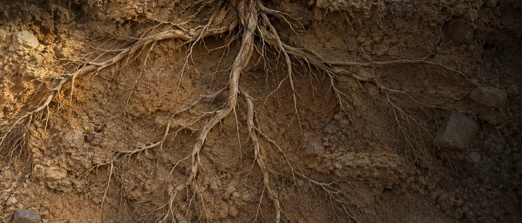 The exposed root system of a desert shrub in a cut bank of dry earth