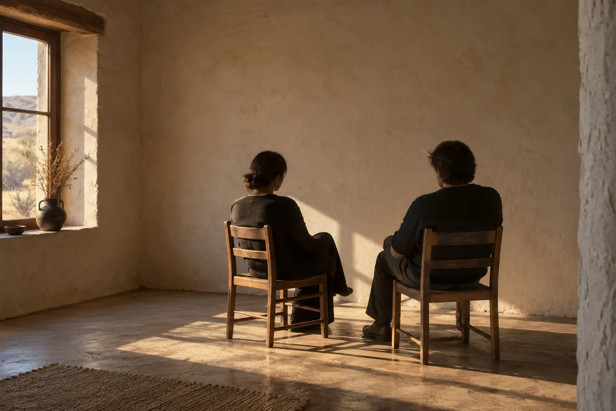 Two plain wooden chairs at an angle to each other in an empty plastered room