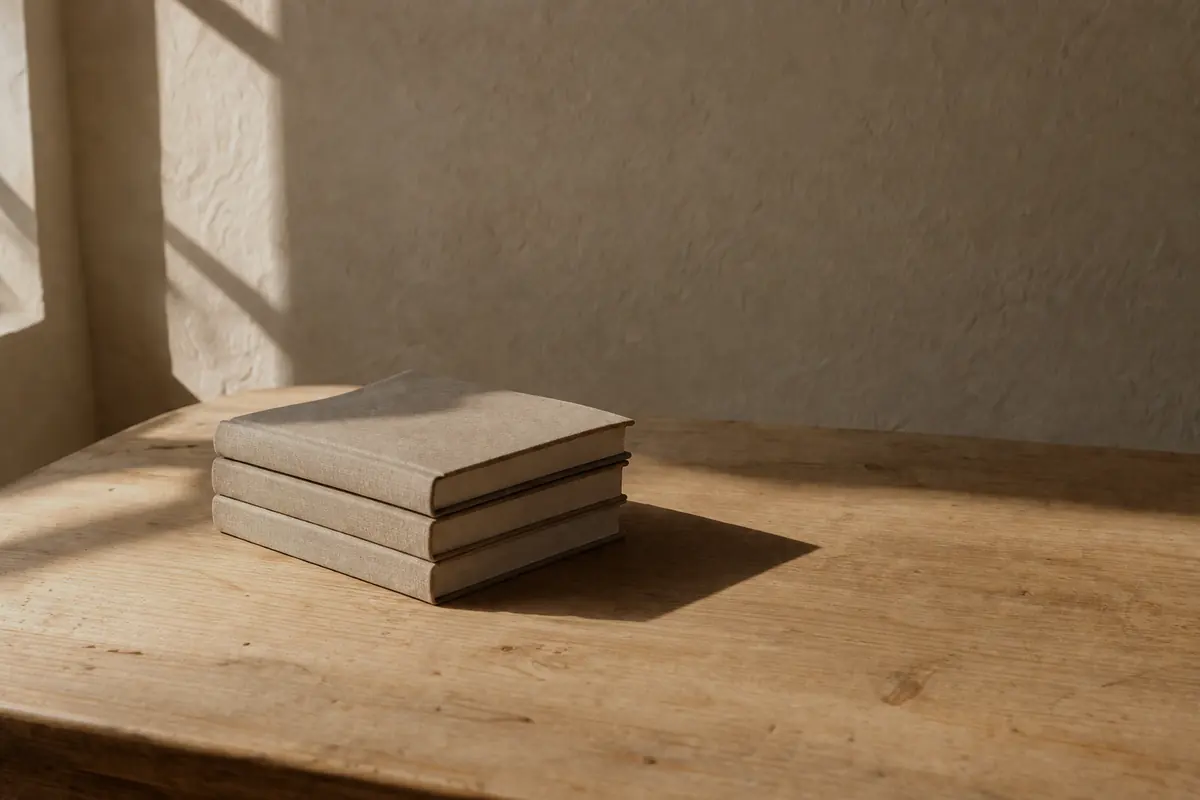 A short stack of closed, unmarked notebooks on a bare wooden table