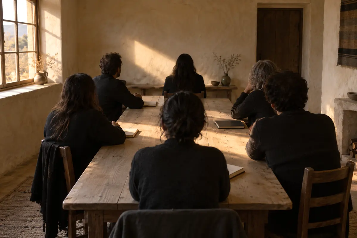 A long bare wooden table with a band of afternoon light across it