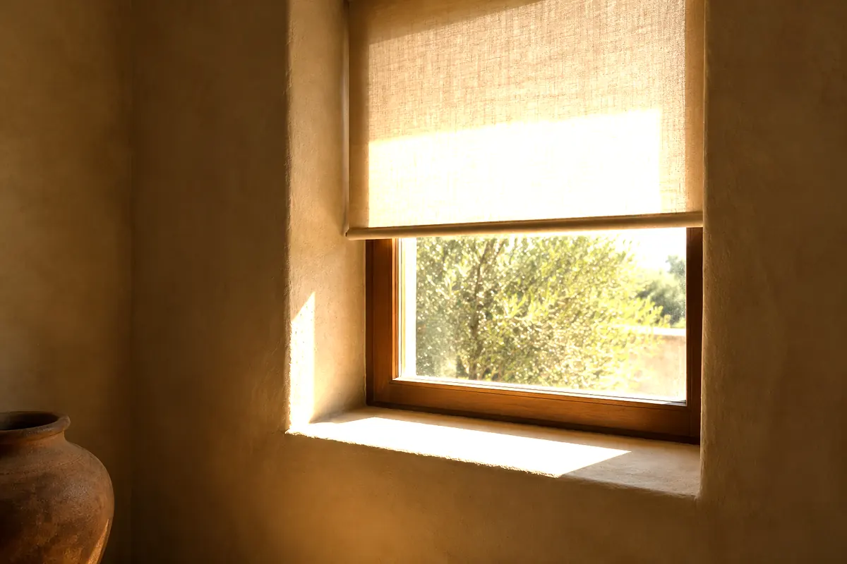 A window with a linen blind half drawn, light falling on the deep plaster sill